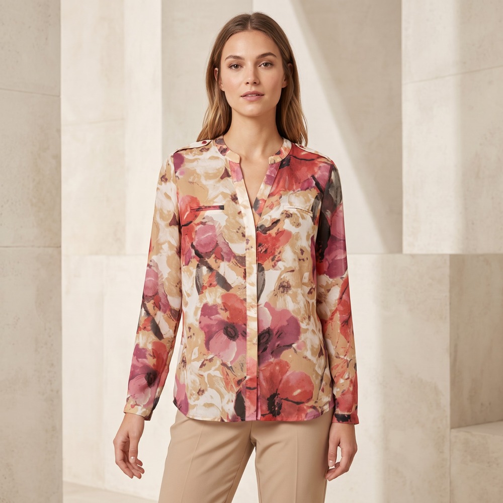 East 5th Abstract Floral Top Beige‎ Pink LS Button Chiffon Sheer Office Boho L